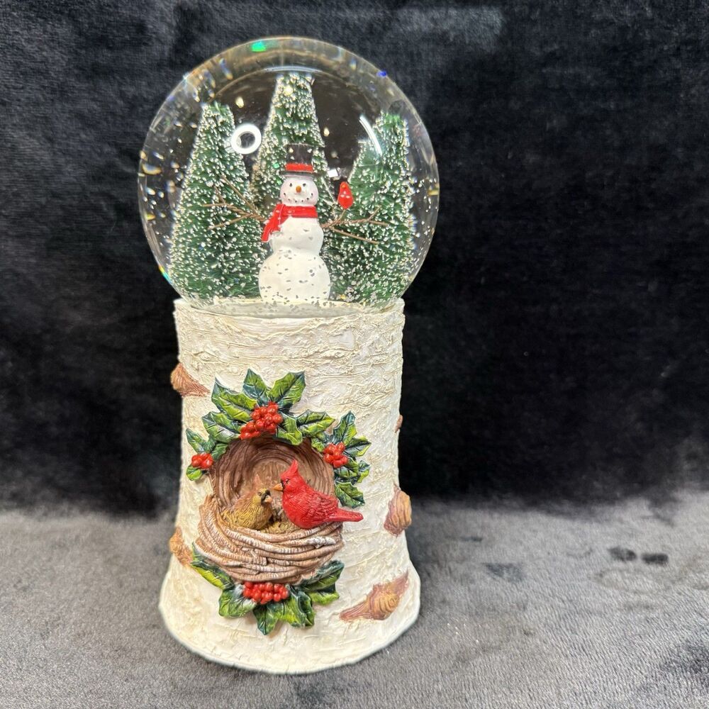 Cardinal Bird Snow Globe Birch Base Musical Snow Winter Plays Music Christmas 8”